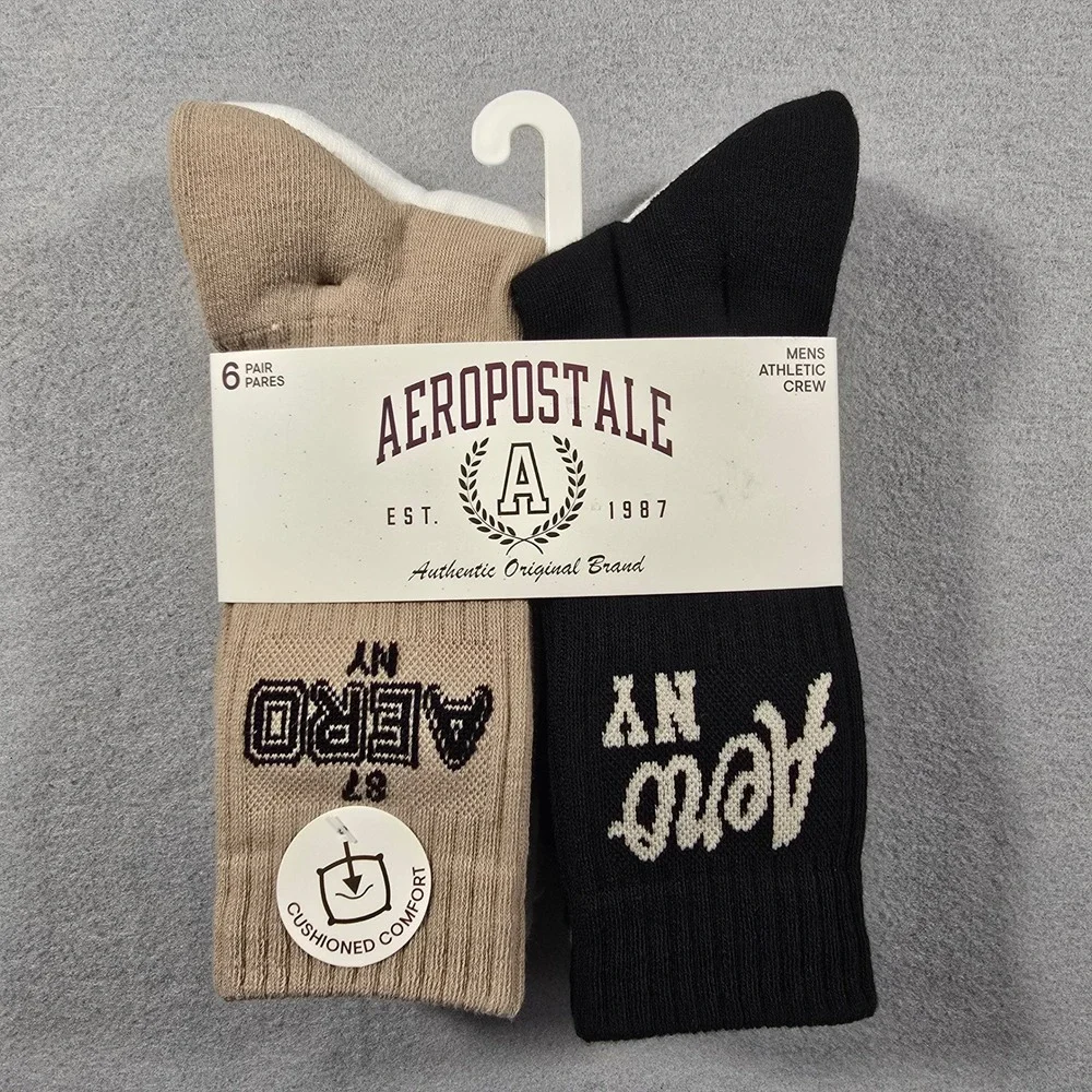 NWT 6-Pack Aeropostale Mens 6-12 Black Tan Brown Crew‎ Socks Athletic Cushioned